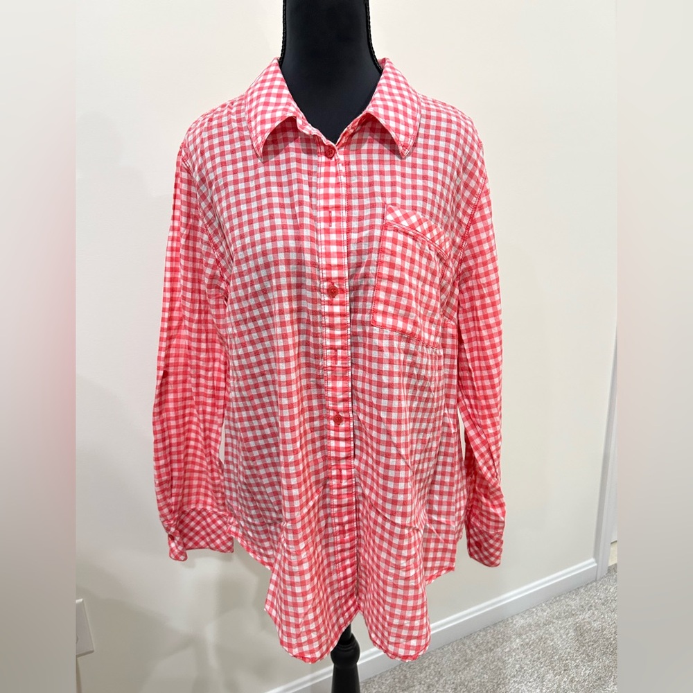Women’s coral and white checked shirt